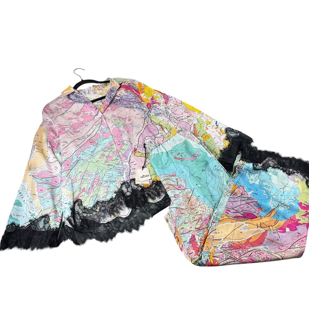 ME369 Mila Lace Button Down Top & Cora Pants Size Map Print XS Matching Set